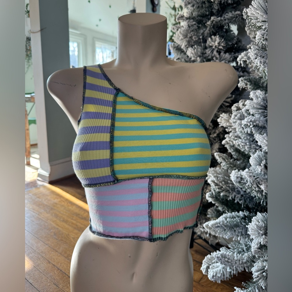 The Ragged Priest Multicolor Patchwork Women’s One Shoulder Crop Top 90s